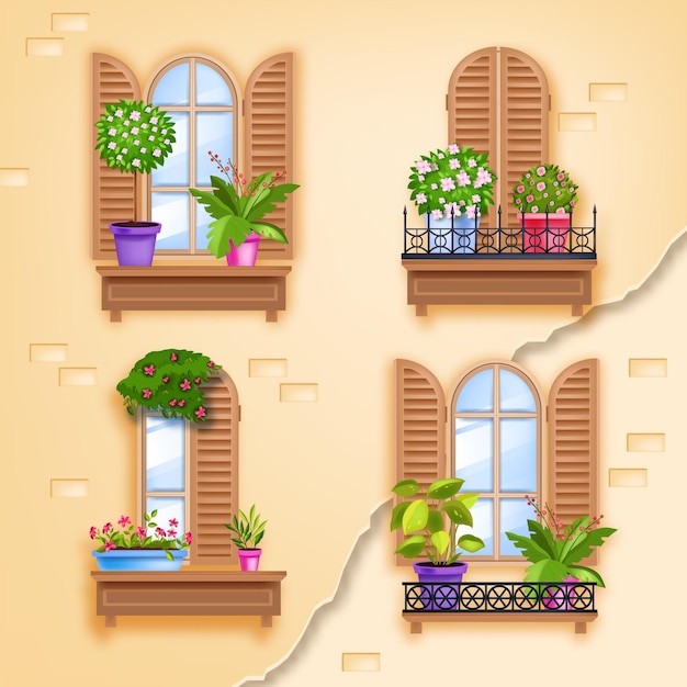 Stare Okna Drewniane Wektor Ilustracja Ramy, Mur Z Cegły Domu, Okiennice, Skrzydła, Balkony