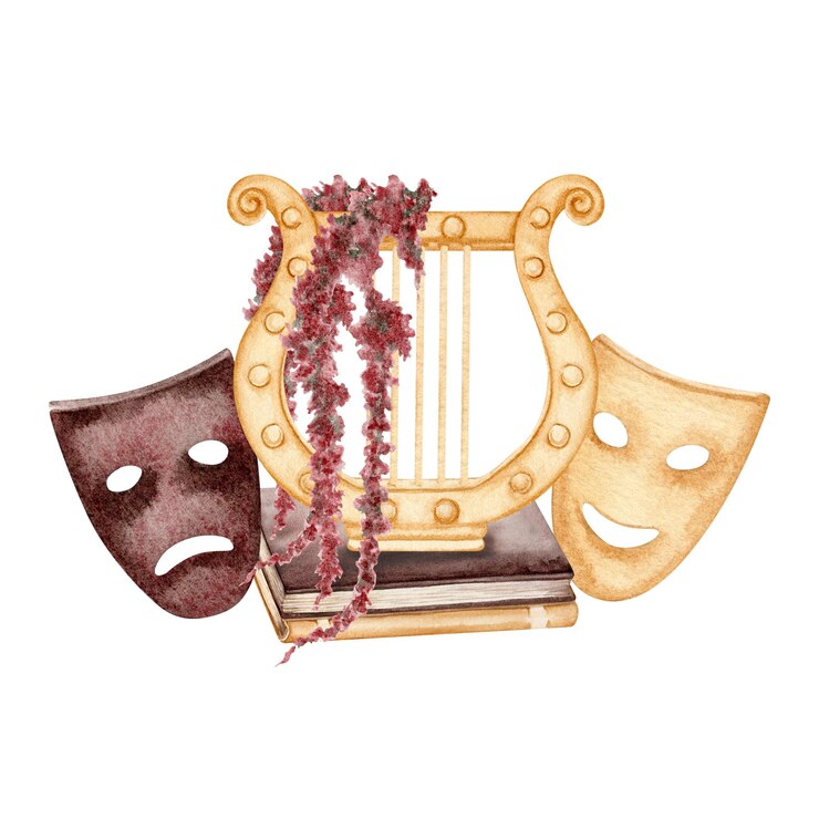 Wektor starożytna grecka lyra z aktorami teatralnymi maski starożytny instrument muzyczny ilustracja akwarelowa odizolowana od tła dla teatru i sztuki plakaty projekty biletów karty prezenty dla muzyków