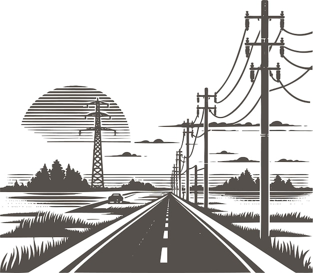 Starożytna ilustracja samotnej drogi rozciągającej się do zachodu słońca