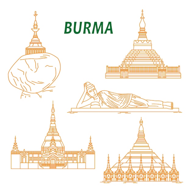 Plik wektorowy starożytne buddyjskie świątynie birmy cienka linia ikon