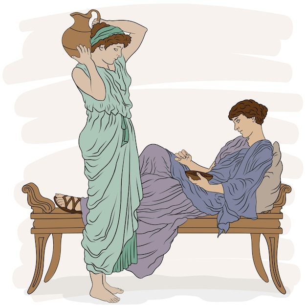 Plik wektorowy starożytne greckie kobiety w tunikach rozmawiają w sypialni
