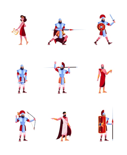 Starożytne Postacie Rzym Lub Grecja Wojownicy I Pisarze średniowieczne Ubrania Legion Gladiatorów żołnierze Jaskrawy Wektor Płaskie Postacie Izolowane Na Białym