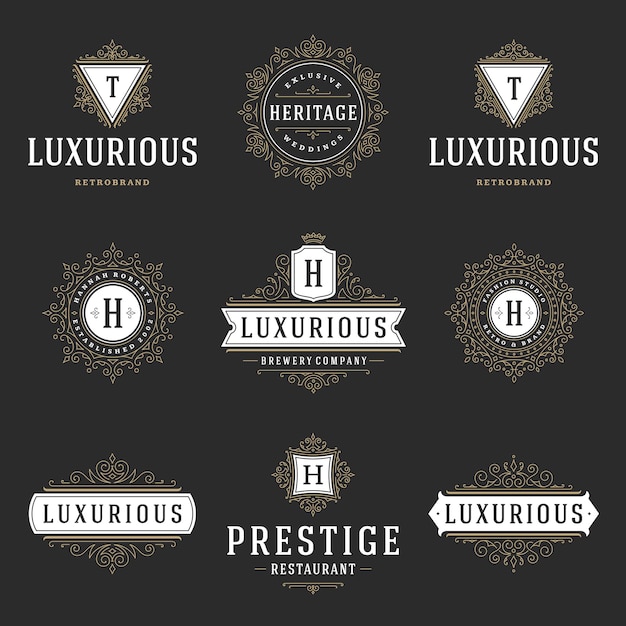 Starożytne szablony logo ustawione wektorowo rozkwitają kaligraficzne eleganckie ozdoby ramki i granice