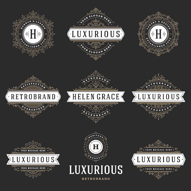 Starożytne szablony logo ustawione wektorowo rozkwitają kaligraficzne eleganckie ozdoby ramki i granice