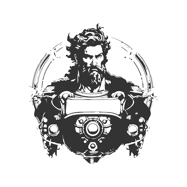starożytni bohaterowie olimpijscy steampunk, vintage logo linia koncepcja sztuki kolor czarno-biały, ręcznie narysowana ilustracja