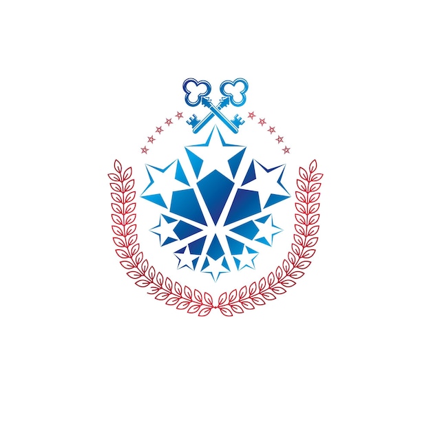 Starożytny Pięciokątny Emblemat Gwiazda Ozdobiony Kluczami I Wieńcem Laurowym, Motyw Bezpieczeństwa. Element Projektu Heraldyczne Wektor, Symbol Straży. Etykieta W Stylu Retro, Logo Heraldyki.