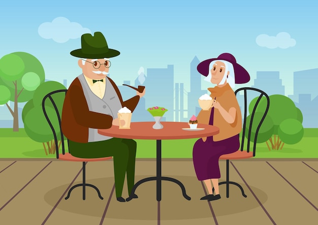 Starsi Ludzie Piją Kawę W Plenerze Miasta Ulica Kawiarnia Miejski Pejzaż