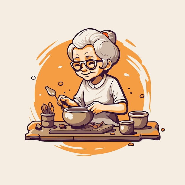 Starsza Kobieta Gotująca Zupę W Garnku Ilustracja Wektorowa