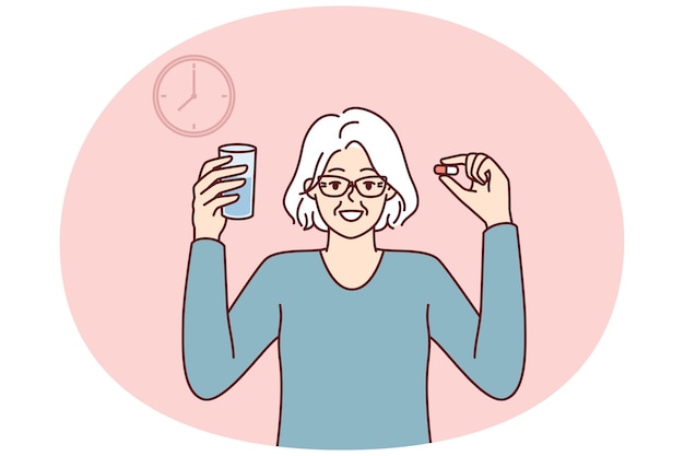 Plik wektorowy starsza kobieta z pigułką i szklanką wody stoi w pobliżu zegara zgodnie z receptą lekarza