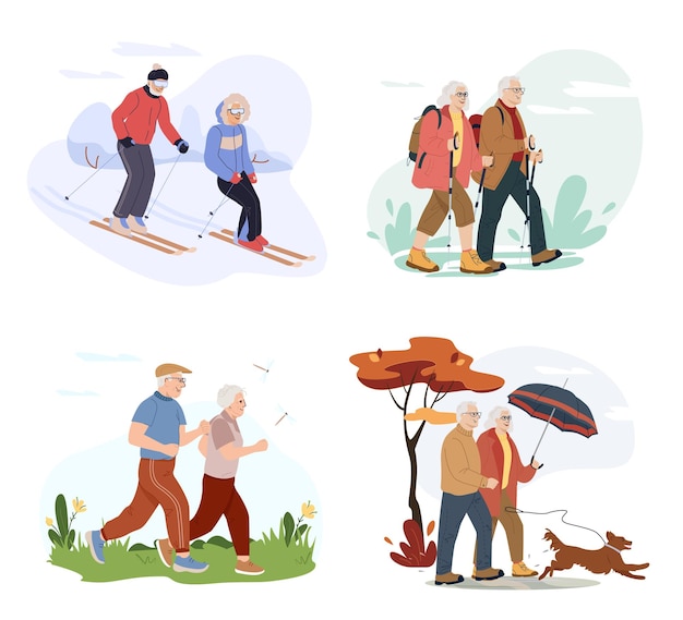 Plik wektorowy starsza para spędza czas na świeżym powietrzu w innym sezonie aktywna emerytura wektorowa płaska ilustracja