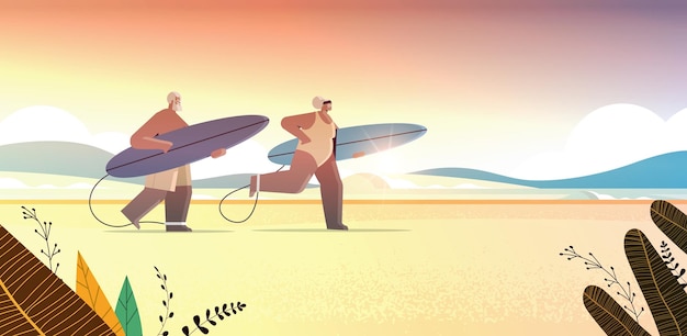 Starszy Afroamerykanin Para Z Desek Surfingowych W Wieku Mężczyzna Kobieta Surferów Trzymających Deski Surfingowe Lato Wakacje Aktywne Starość Koncepcja Zachód Słońca Pejzaż Morski Tło Poziome Pełnej Długości Ilustracja Wektorowa