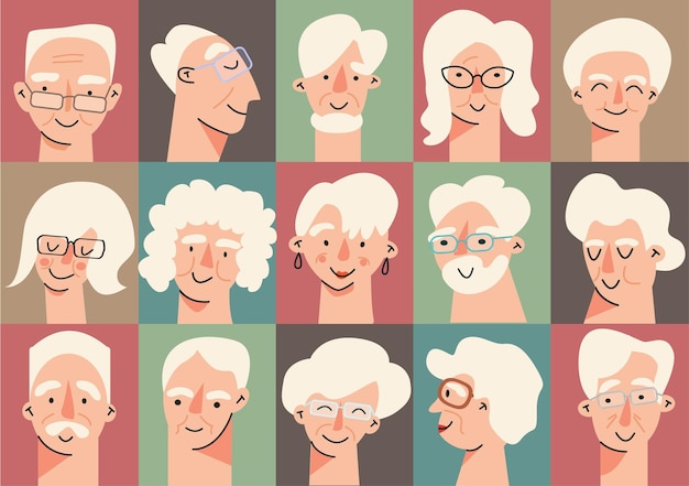Starszych Ludzi Avatar Duży Zestaw Pakietów Starszy Użytkownik Pic Różne Ikony Ludzkiej Dojrzałej Twarzy Kolekcja Awatarów Dziadków Na Białym Tle Pakiet Radosnych Uśmiechniętych Emerytów Pojedynczo Na Białym