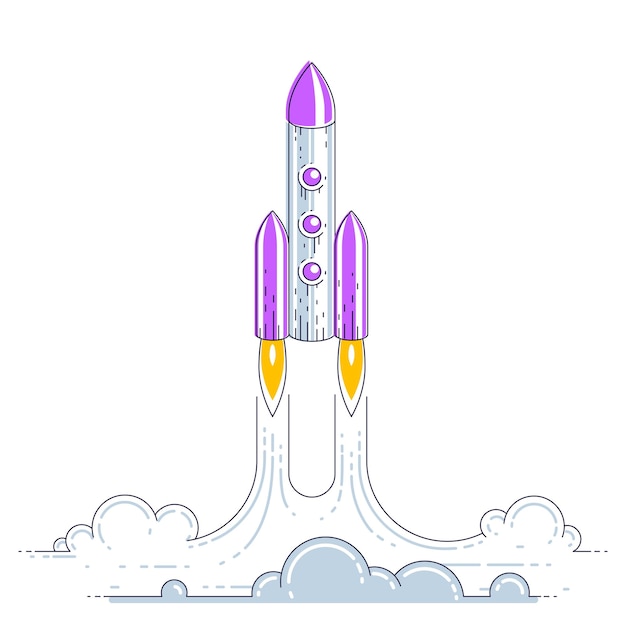 Start Rakiety W Nieodkrytą Przestrzeń. Eksploruj Wszechświat, Zapierającą Dech W Piersiach Naukę O Kosmosie. Cienka Linia 3d Wektor Ilustracja Na Białym Tle.