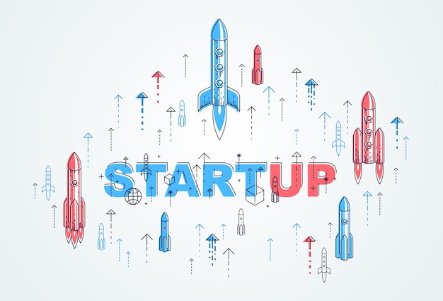 Startup rakiety startu, rakiety kosmiczne latające uruchomić koncepcja biznesowa, ilustracji wektorowych.