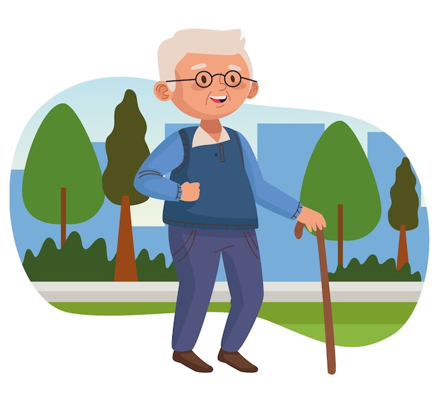 Plik wektorowy stary człowiek chodzenie z laską w parku aktywny starszy charakter