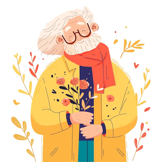 Plik wektorowy stary człowiek z bukietem kwiatów ilustracja wektorowa