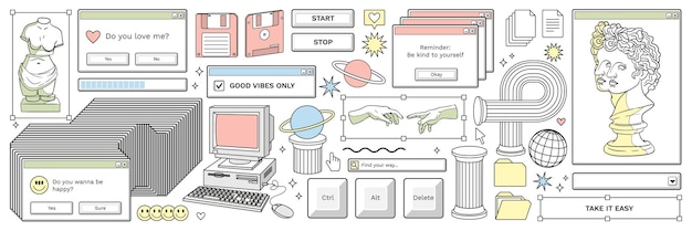 Stary komputer estetyczny Retro elementy pc psychodeliczna grecka rzeźba w modnym stylu retro y2k