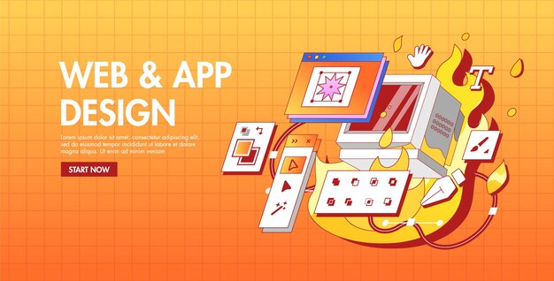 Stary powolny komputer spalony w ogniu Program dla UI UX Designer Illustrator