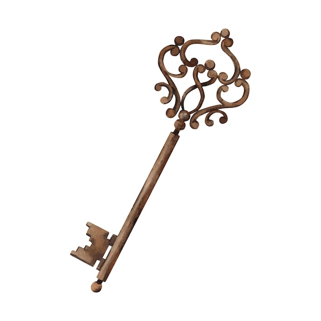 Stary starożytny miedziany metalowy klucz Ręcznie narysowany akwarelowy rysunek na izolowanym tle w stylu vintage Obraz nadaje się do pocztówek różnych wzorów opakowań tkaninowych naklejki tapetowe