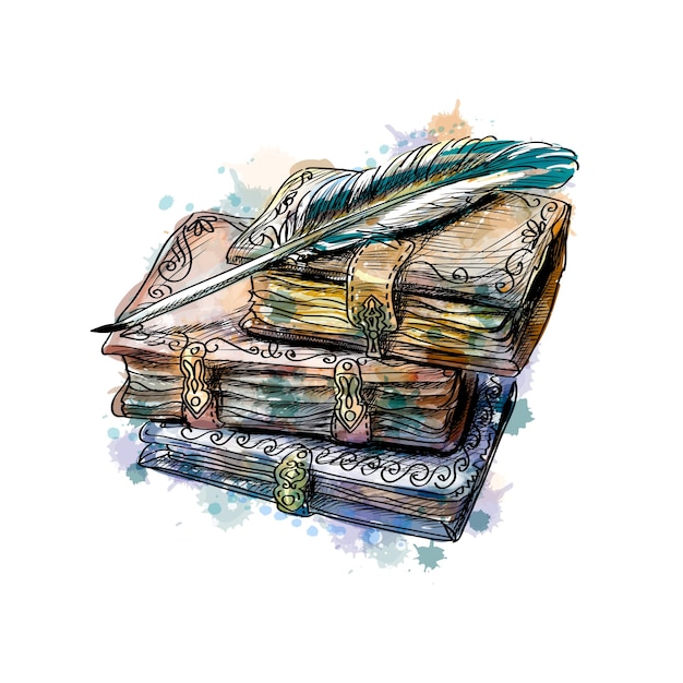 Stary stos książek i długopis z odrobiną akwareli, ręcznie rysowane szkic. ilustracja farb