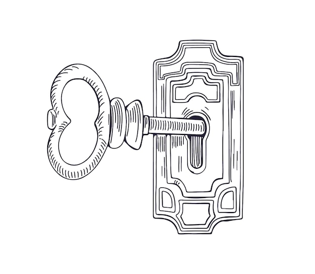 Plik wektorowy stary wytrawiony klucz wewnątrz zamka, dziurka od klucza odblokowująca starożytne drzwi. zarysowany wyprofilowany grawerowany rysunek w stylu retro. vintage handdrawn wektor ilustracja na białym tle
