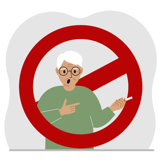 Plik wektorowy starzec z papierosem w dłoni wokół mężczyzny jest czerwony znak zakazu pojęcie uzależnienia od palenia i zakaz palenia