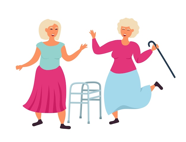 Starzy Ludzie Babci Tańczą Wyrzucając Laskę I Chodzik Starszy Pan Się Bawi