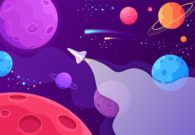 Statek Kosmiczny Lecący Przez Otwartą Przestrzeń, Aby Znaleźć Kolorową Ilustrację Kreskówki Nowych Planet