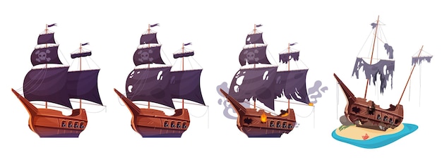 Statek piratów po bitwie morskiej etapy historii uszkodzeń ustawione dla drewnianej karafeli korsarskiej