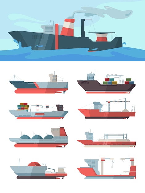 Statek Przemysłowy. Statek Towarowy Transport Morze Duży Statek Oceaniczny Z Ilustracji Wektorowych Zbiorniki Oleju. Kontenerowiec, Tankowiec W Oceanie