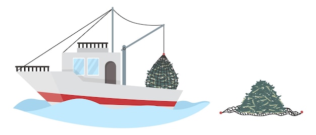 Statek rybacki wyciągając sieć pełną ryb morskich z wody, ilustracji wektorowych. Rybołówstwo komercyjne, przemysł owoców morza.