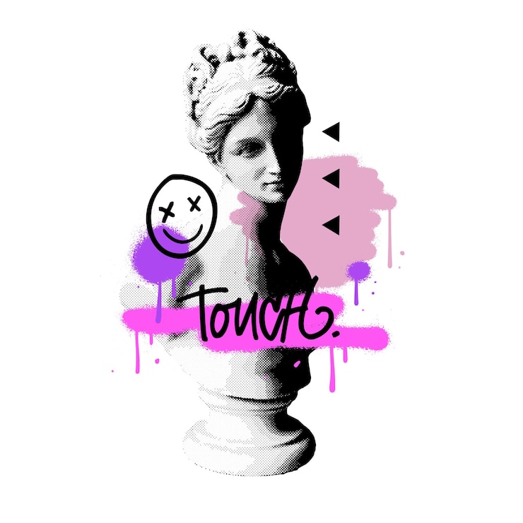Wektor statua greckiej kobiety w stylu ulicznym w stylu vaporwave w stylu półtonowym z graffiti abstrakcyjnymi kształtami i