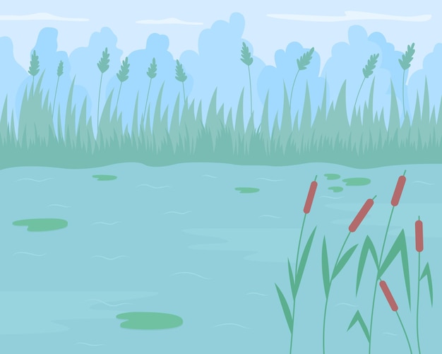 Staw otoczony trzciną trawą płaski kolor ilustracji wektorowych. Pływające lilie wodne. Miejsce na relaksujące wakacje. Jezioro z wodnymi ziołami 2D kreskówka zbiornik wodny z zieloną scenerią na tle