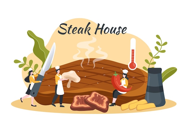 Steakhouse Ilustracja Grillowanego Mięsa Z Soczystą Pyszną Sałatką Ze Steków I Pomidorami Na Grilla