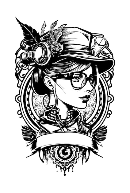 Steampunk Piękna Dziewczyna Z Okularami I Kapeluszową Ilustracją