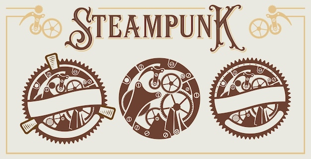 steampunk wektor zestaw styl vintage ze steampunkowymi zębatkami i mechaniką