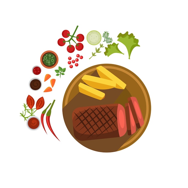 Stek BBQ na talerzu. Ilustracja wektorowa płaskie
