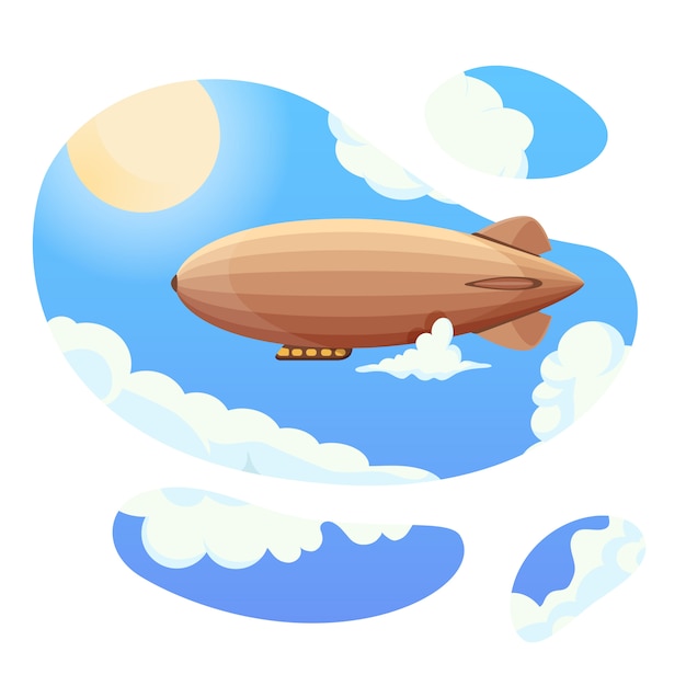 Sterowiec W Błękitne Niebo I Chmury. Vintage Sterowiec Zeppelin. Balon Sterowca