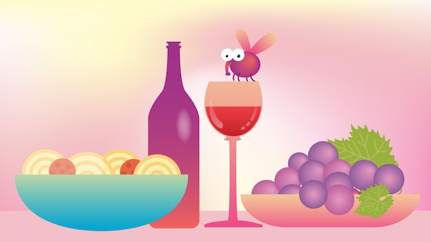 Stół obiadowy miska makaronu talerz winogron leci wyląduje na kieliszku obok butelki wina