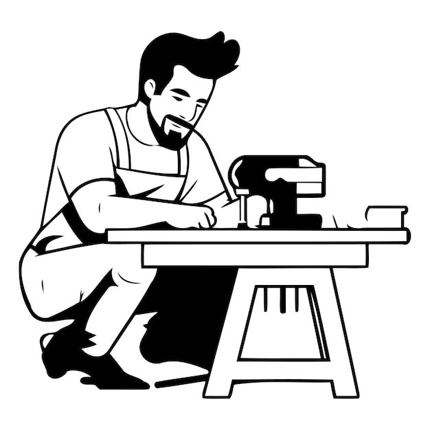 Plik wektorowy stolarz pracujący nad drewnianym stołem ilustracja wektorowa w stylu kreskówki