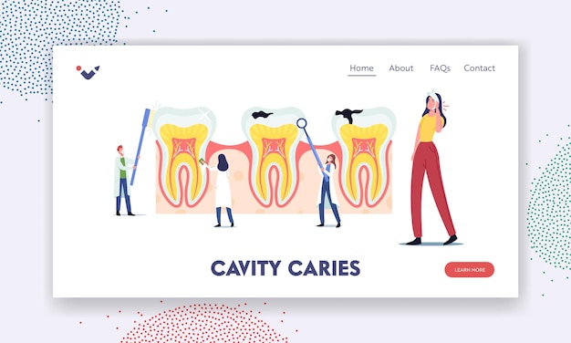 Stomatologia, Szablon Strony Docelowej Stomatologii. Drobni Dentyści Czyszczą, Leczą Ogromny Niezdrowy Ząb Z Próchnicą. Lekarze Szczotkują, Czyszczą Płytkę Nazębną. Ilustracja Wektorowa Kreskówka Ludzie