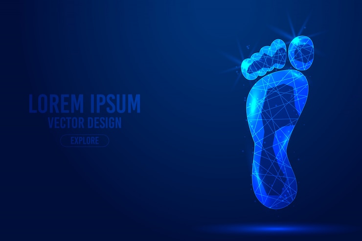 Wektor stopy stóp geometryczne linie, szablon wektor szkieletowy stylu low poly. odosobniony medycyny nauki technologii pojęcia błękitny tło poligonalny.