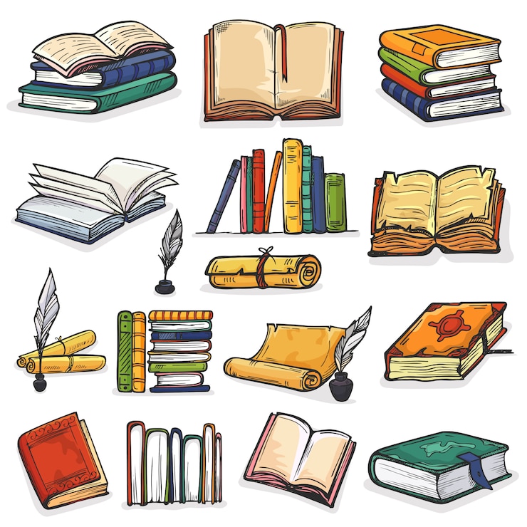 Wektor stos książek, podręczników i zeszytów na półkach w bibliotece lub księgarni ilustracji zestaw kałamarz i czytanie książki okładka literatury szkolnej na białym tle