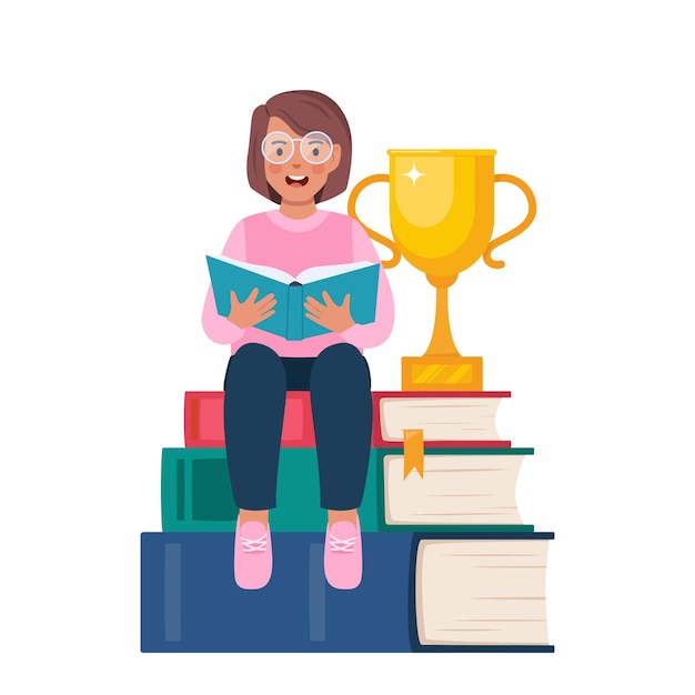 Stos książek z złotym pucharem encyklopedia literatury czytelniczej
