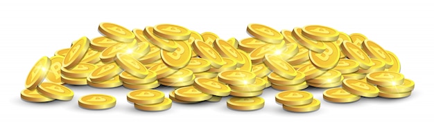 Stos Złotych Bitcoinów Na Białym Tle Na Białym Tle Realistyczne 3d Kryptowaluta Koncepcja Monety Poziome Transparent