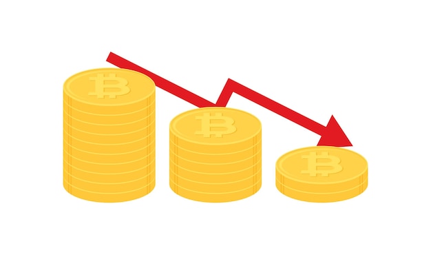 Stos złotych monet bitcoin z czerwoną strzałką skierowaną w dół Koncepcja cyfrowej waluty kryptowalut