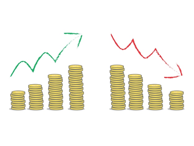 Plik wektorowy stosy monet z zielonymi i czerwonymi strzałkami