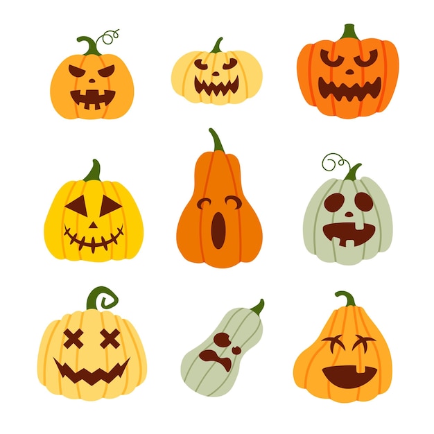 Straszna i śmieszna dynia na Halloween. Kreskówka twarze i grymasy. Ręcznie rysowane dynie. Wektor.