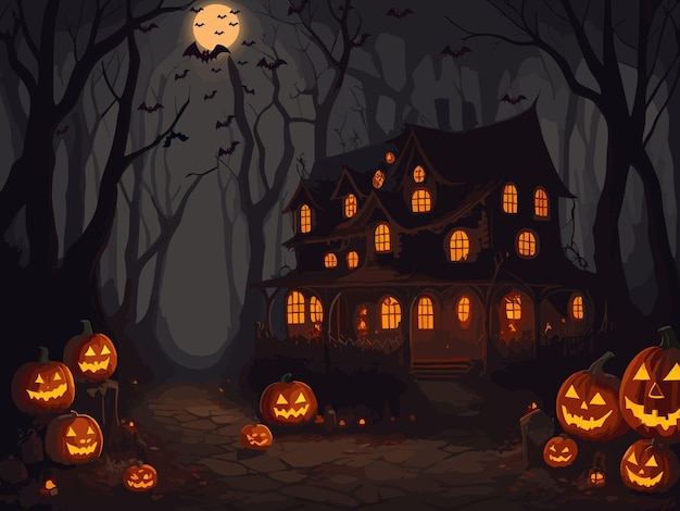 Straszna ilustracja tła halloween z sylwetką zamku duchów przy świecącym księżycu i