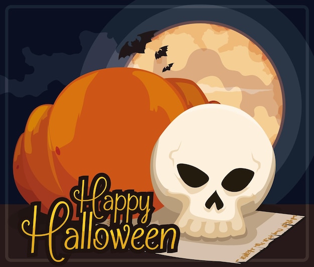 Straszna scena nocy Halloween z pełnią księżyca z przerażającym zwojem dyni z czaszką i kilkoma nietoperzami